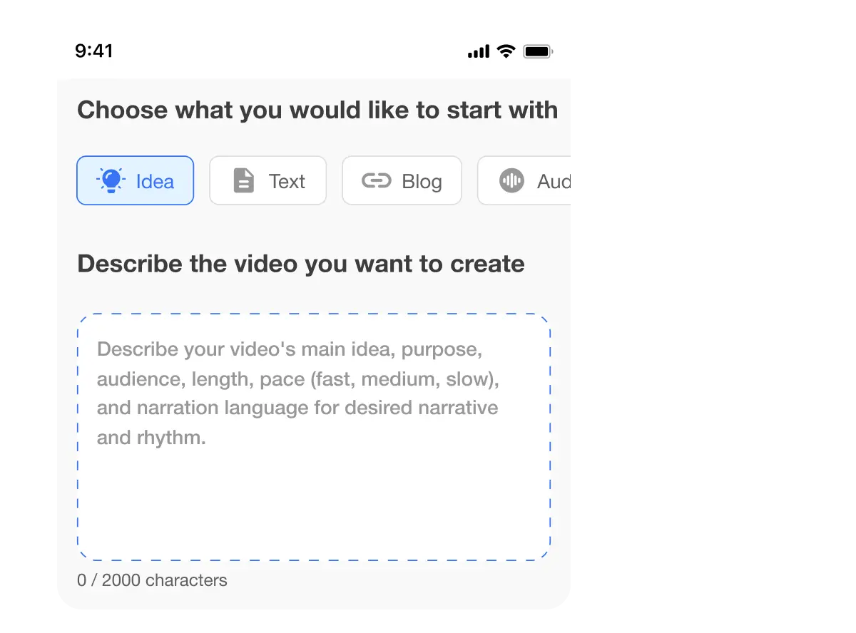 Mobile video editing app interface showing AI video creation from an idea, text, or blog.